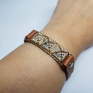 J.Crew Sparkly Rhinestone Studded Brown Leather Snap On Adjustable Bracelet